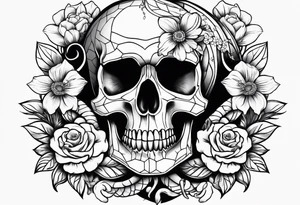 Skull with flowers and snakes tattoo idea