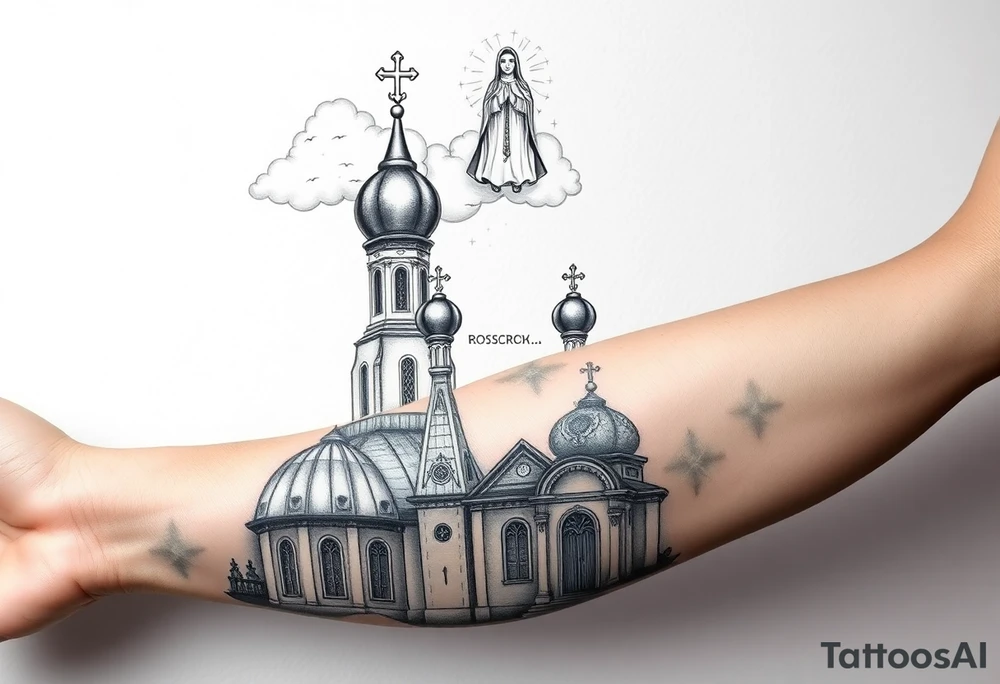 Russian Orthodox church with orthodox spire crosses, with clouds above it and a virgin mary over looking sat above tattoo idea