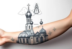 Russian Orthodox church with orthodox spire crosses, with clouds above it and a virgin mary over looking sat above tattoo idea