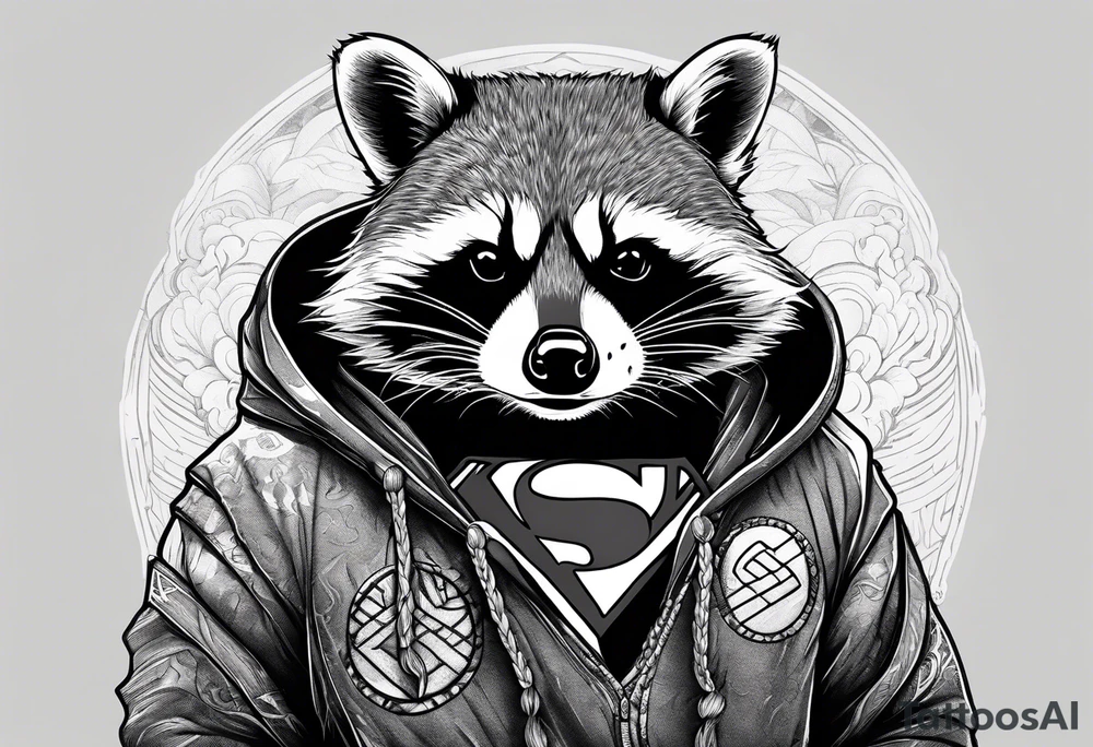 raccoon wearing a Superman hoodie tattoo idea