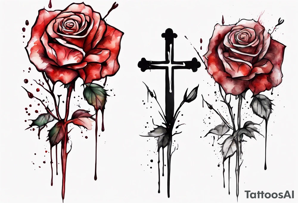 rose flower, one line, red blood dripping from the flower, tall, watercolor, with a Christian cross hidden in the stem tattoo idea