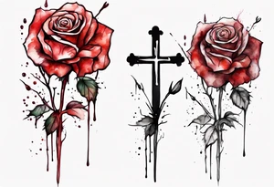 rose flower, one line, red blood dripping from the flower, tall, watercolor, with a Christian cross hidden in the stem tattoo idea