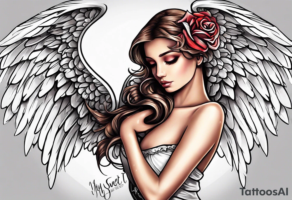 an angel with "my sweet angel" written underneath it tattoo idea