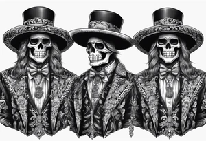 full body of skeleton in the suit with hat in mexican style, similar to santa muerte tattoo idea