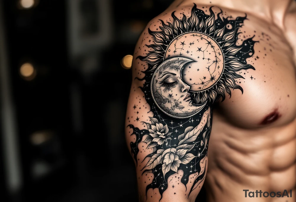 celestial sun and moon embrace with constellation patterns tattoo idea celestial sun and moon embrace with constellation patterns tattoo idea