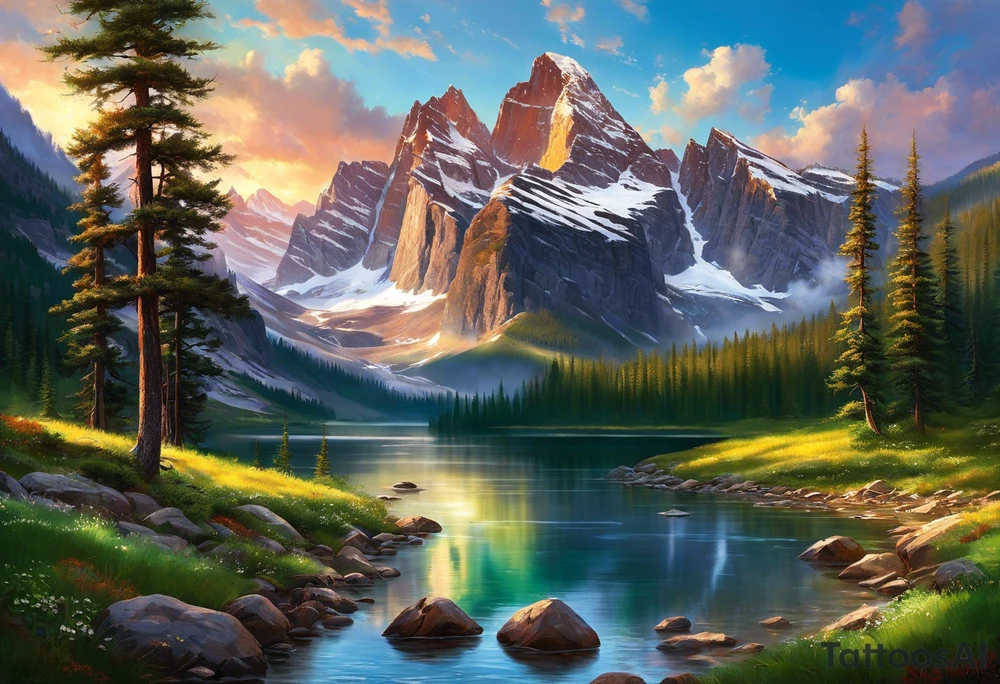 Imagine the majestic Rocky Mountains rising up in the background, their snow-capped peaks reaching towards the sky. Below them, a lush forest of pine trees spreads out, their deep green needles contrasting against the rugged terrain. In the foreground, a winding river flows through the landscape, its clear waters reflecting the colors of the setting sun.

Above, the sky transitions from the warm hues of sunset to the deep blues and purples of nightfall, fading into darkness speckled with stars. Among the stars, you could have a constellation resembling the momentous night you met her, perhaps even adding her zodiac sign for a personal touch.

In elegant script, the words "I knew the moment I saw her" could be woven into the design, perhaps following the contours of the river or nestled within the branches of a tree.

The overall effect would be a breathtaking scene capturing the beauty of Colorado's nature, combined with the sentiment of that special moment when your paths first crossed. tattoo idea