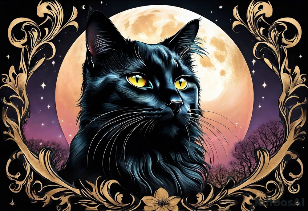 Photo realistic black cat head only facing forward add moon tattoo idea
