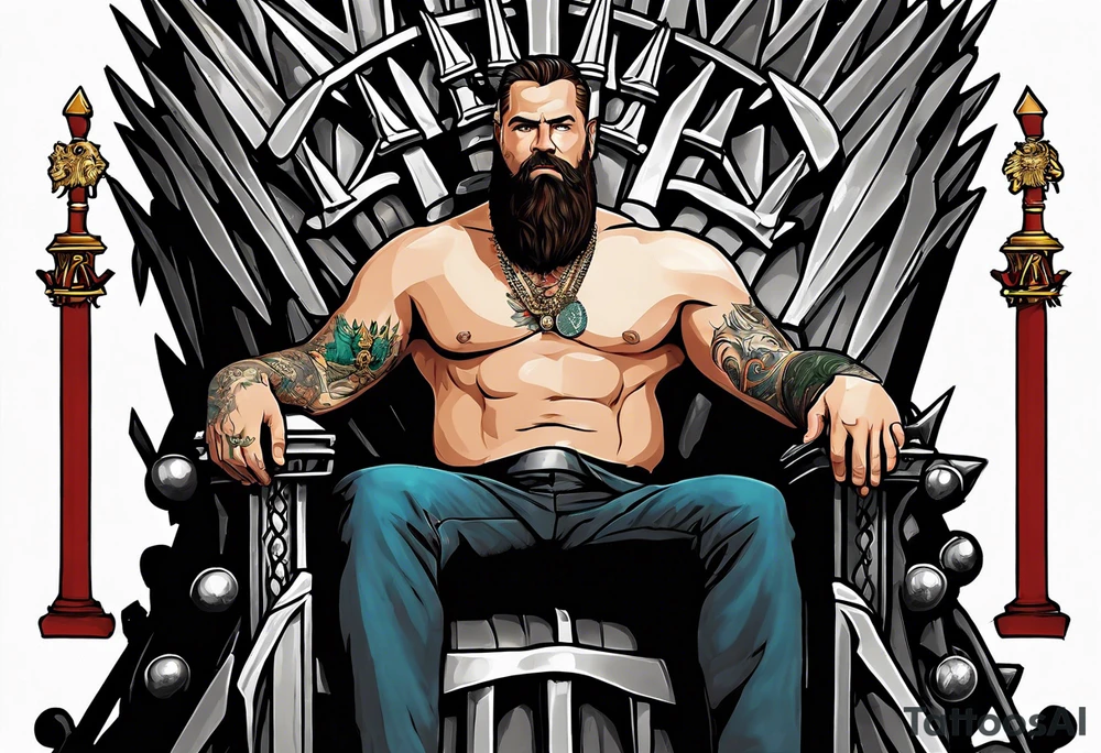 Large man carrying bags of money to a thin German man sitting on an iron throne tattoo idea