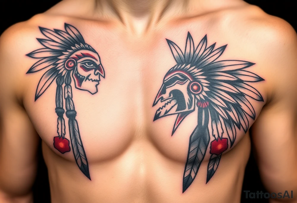 Native American chest color male left peck tattoo idea