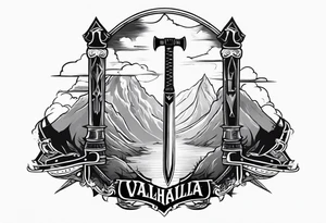 Valhalla 
 sword stairs axe mist fog tattoo idea