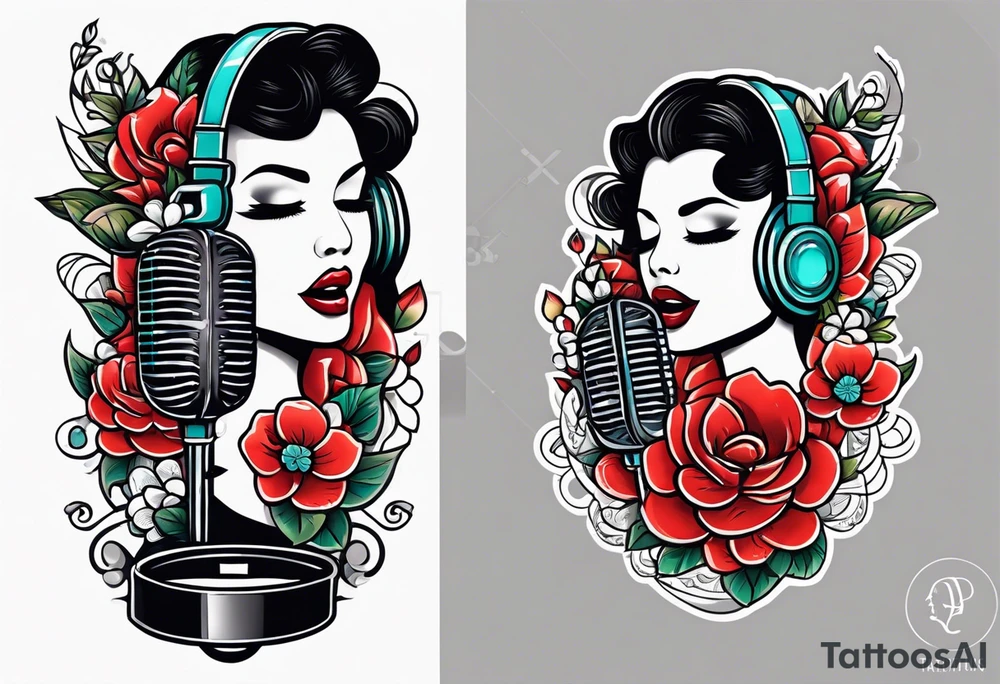 traditional vintage tattoo of mouth singing in microphone simple  flowers and banner
no face tattoo idea