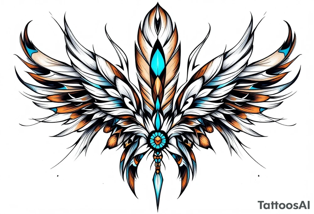 A tribal feather fan in brown, white, and turquoise, held together by leather bindings. tattoo idea