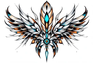 A tribal feather fan in brown, white, and turquoise, held together by leather bindings. tattoo idea