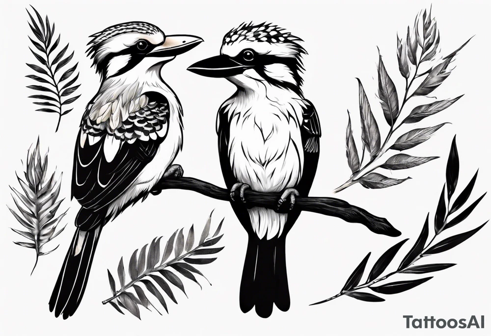 Small kookaburra holding wattle leaves tattoo idea