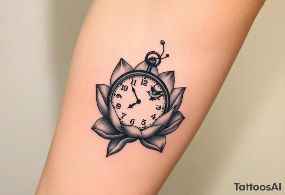 A broken clock floating inside a blooming lotus flower, with a small bird flying out from the clock face tattoo idea