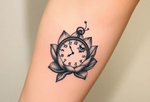 A broken clock floating inside a blooming lotus flower, with a small bird flying out from the clock face tattoo idea
