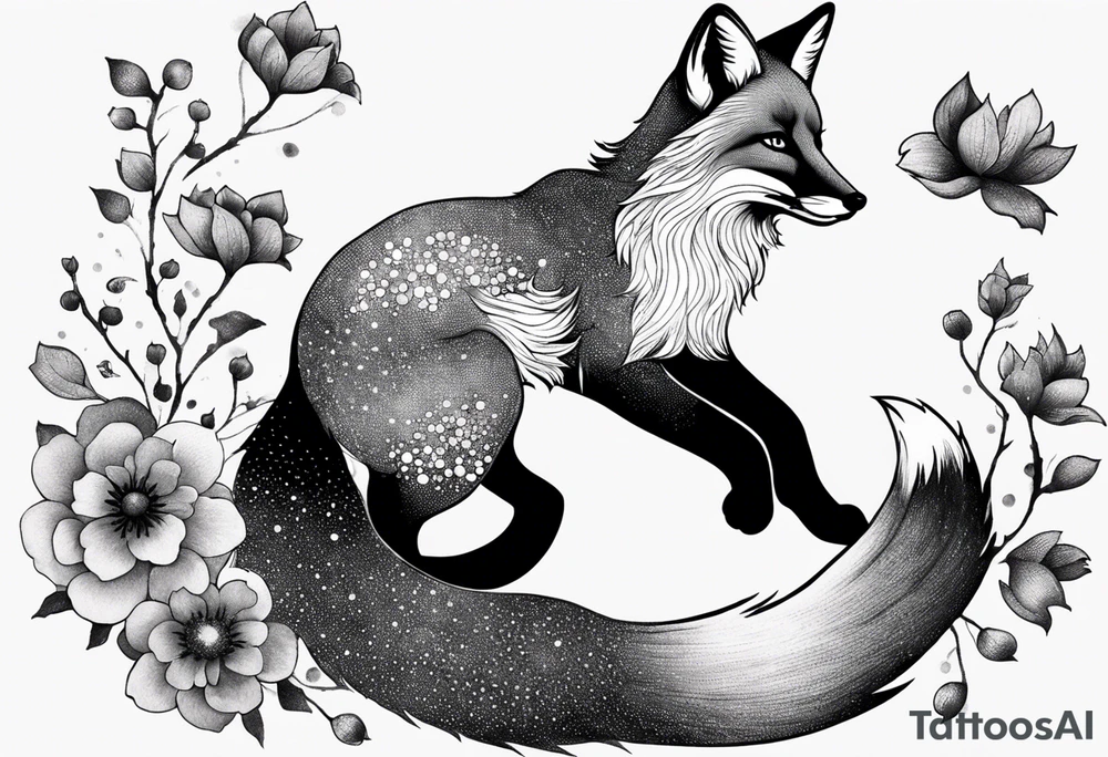 fox falling in the air suraounded by flowers growing out of her back tattoo idea