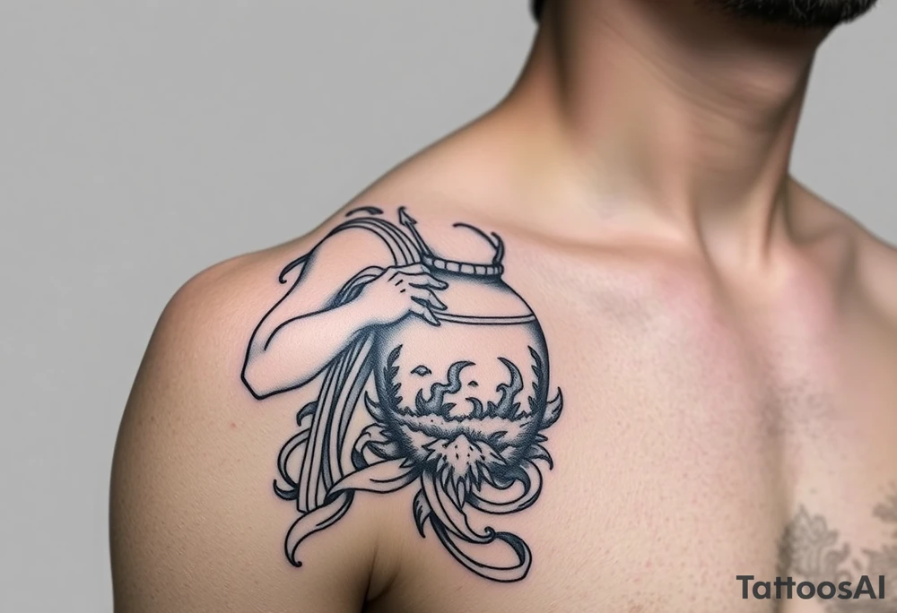 A large humanized god carrying a jar on his shoulder, the jar flows from water to create a marine environment tattoo idea