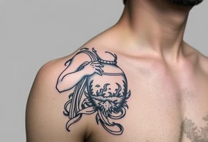 A large humanized god carrying a jar on his shoulder, the jar flows from water to create a marine environment tattoo idea
