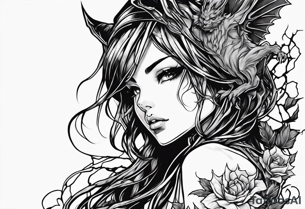 2 dimensional art of a bleeding anime girl surrounded by an asian gargoyle and barbed wire tattoo idea