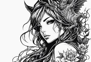 2 dimensional art of a bleeding anime girl surrounded by an asian gargoyle and barbed wire tattoo idea