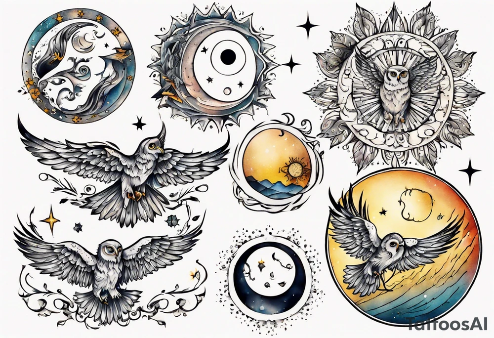 Mond und Sonne mit Eule und Wassermann tattoo idea