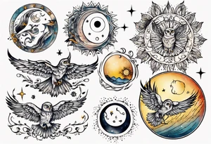 Mond und Sonne mit Eule und Wassermann tattoo idea