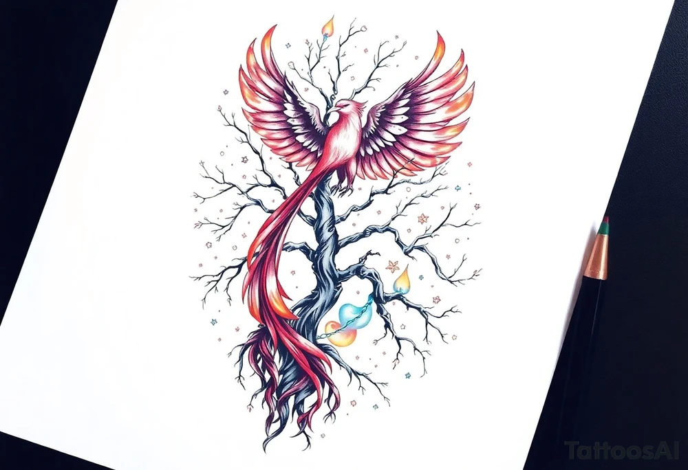 Tree of life with phoenix and northern lights tattoo idea