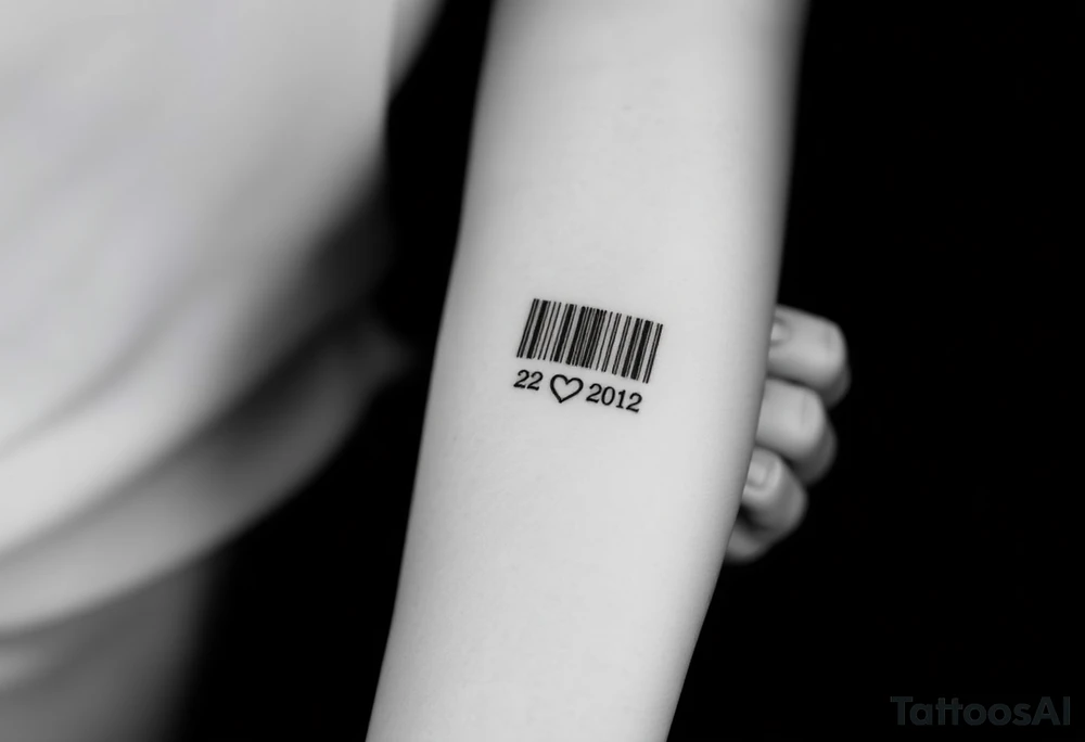 minimalist barcode with the couple’s wedding date (22 - 03 - 2012) hidden in the numbers under barcode with heart tattoo idea