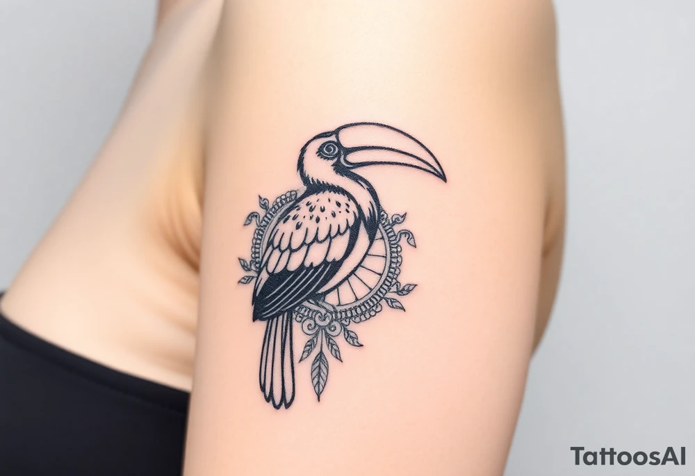 image of a Kalimantan ivory-horned hornbill with a Dayak motif woven background tattoo idea