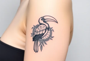 image of a Kalimantan ivory-horned hornbill with a Dayak motif woven background tattoo idea