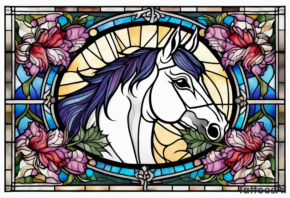 a stained glass window with a horse's head, a Scottish thistle, and a banner for a quote. tattoo idea