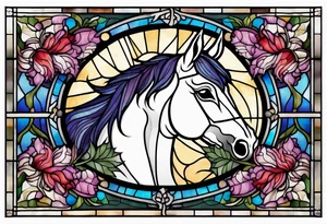 a stained glass window with a horse's head, a Scottish thistle, and a banner for a quote. tattoo idea