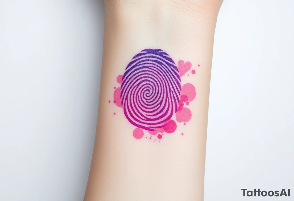 A single fingerprint in vibrant purple and pink hues, fading into a delicate watercolor background, symbolizing individuality and love tattoo idea