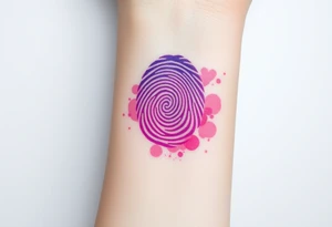 A single fingerprint in vibrant purple and pink hues, fading into a delicate watercolor background, symbolizing individuality and love tattoo idea