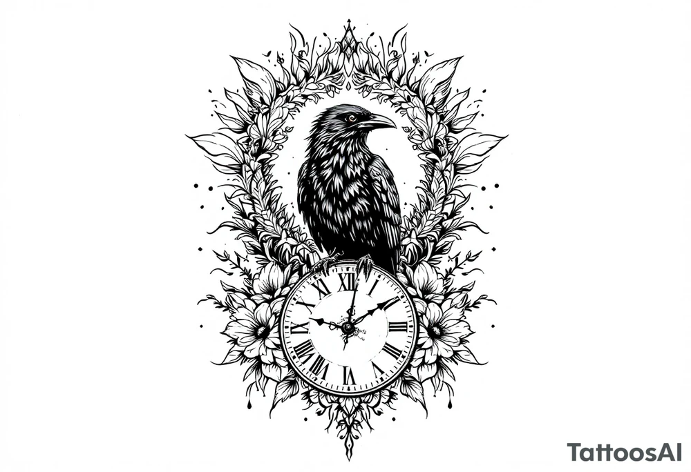 mandala black raven surrounded by flowers standing on a clock face tattoo idea