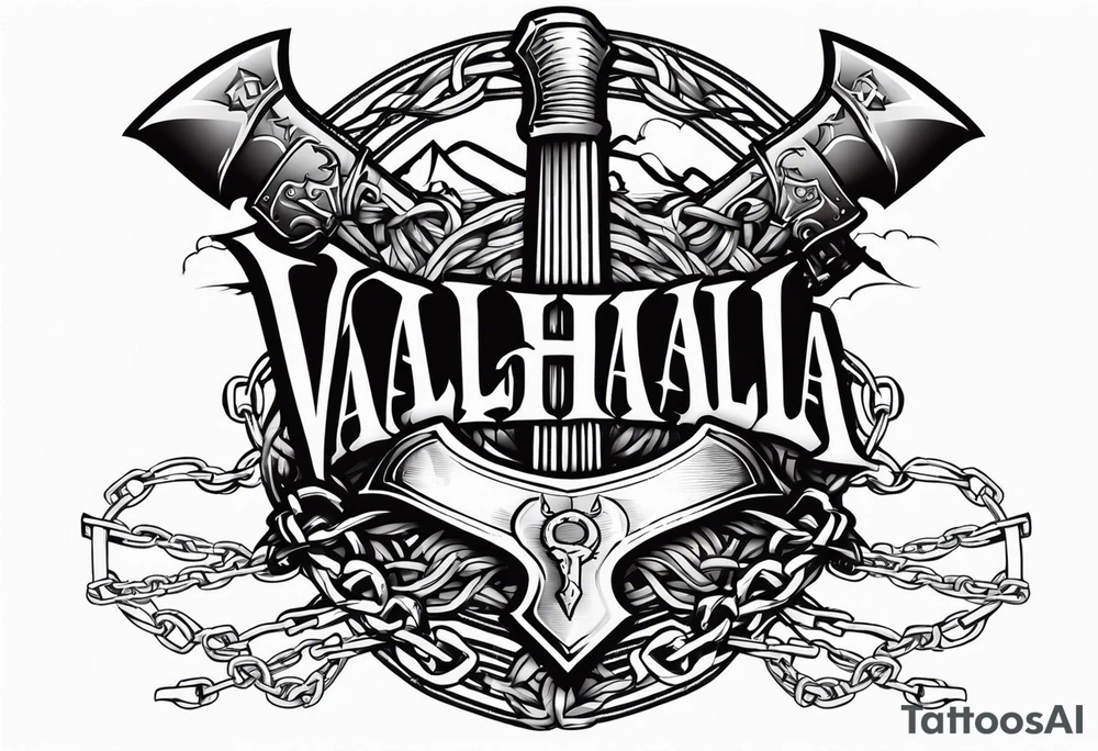 Valhalla sword shield axe barbed wire chains dark cloud tattoo idea