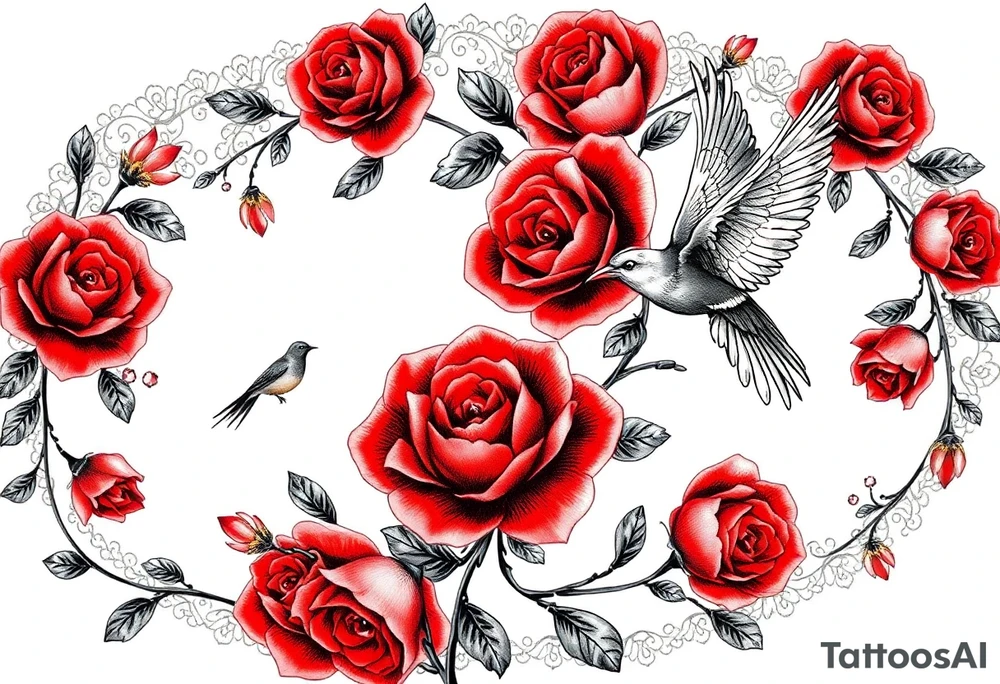 Vintage lace, red roses, red birds, vintage tattoo idea