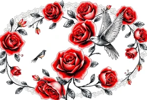 Vintage lace, red roses, red birds, vintage tattoo idea