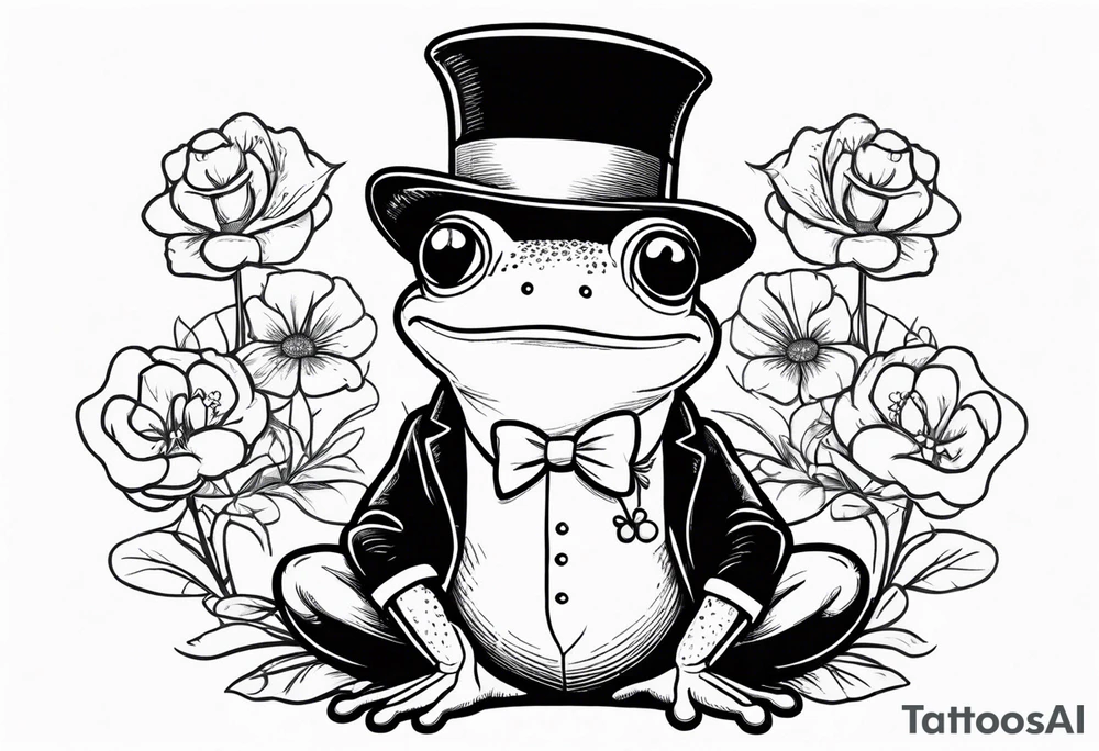 Cute Frog smiling wearing top hat and a suit standing on its Back legs while holding flowers tattoo idea