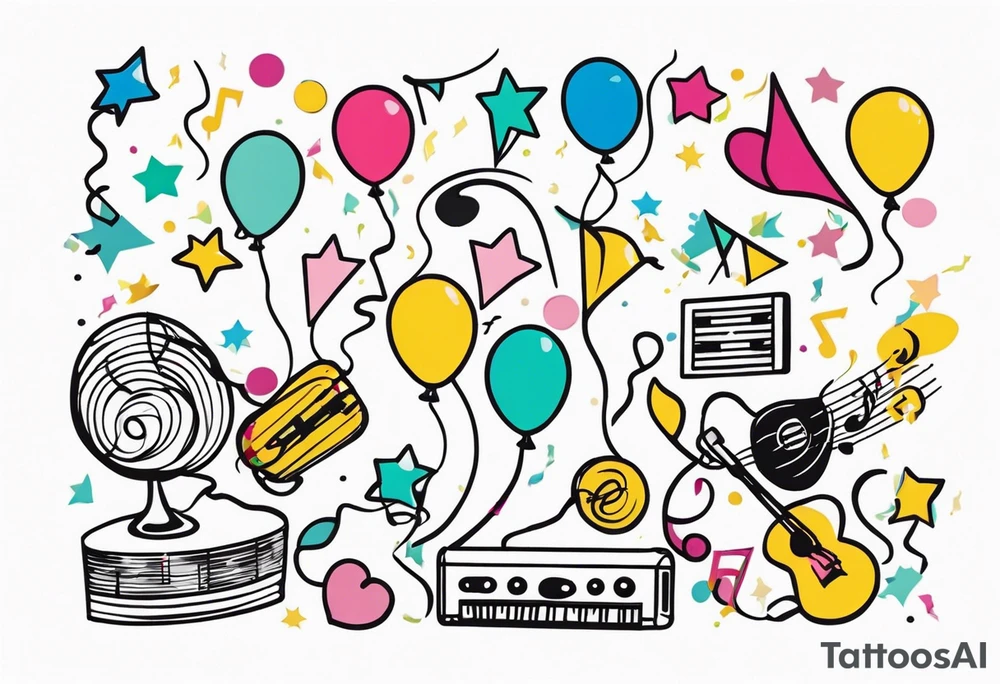 party items, confetti, music notes, ballons tattoo idea