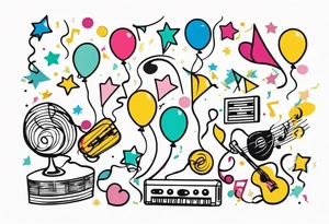 party items, confetti, music notes, ballons tattoo idea