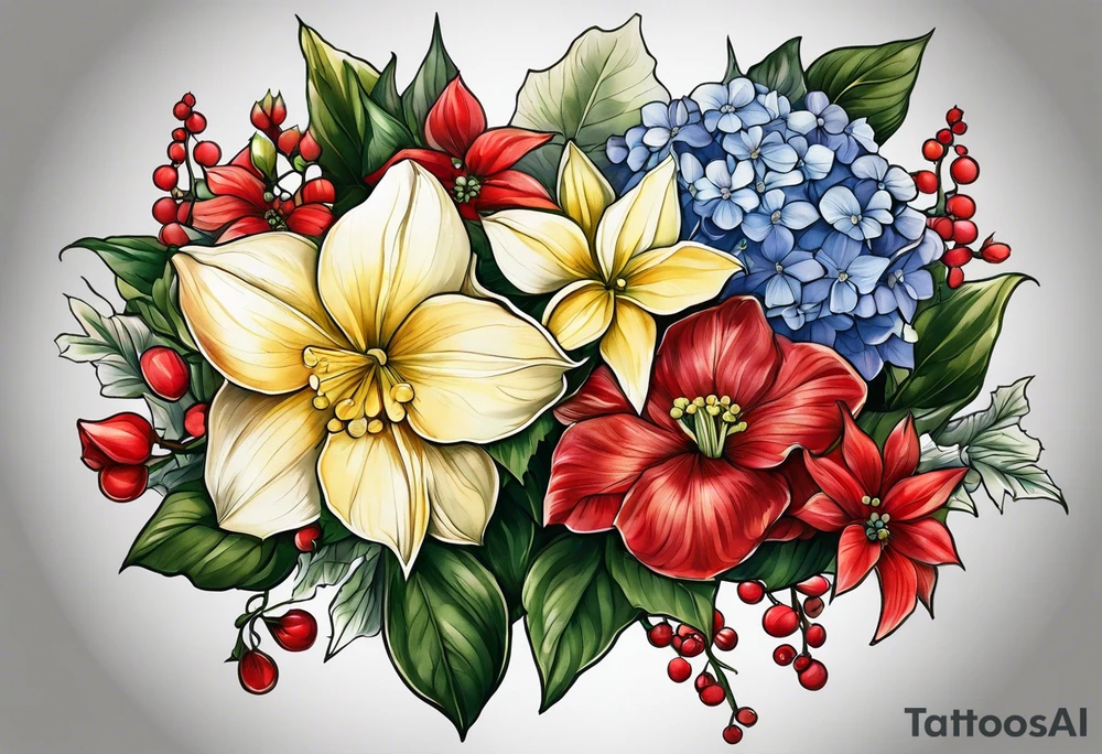 Hydrangea, Narcissus, Poinsettia, Holly, Gladiolus, Poppy, Daisy, Sweet Pea floral bouquet tattoo idea