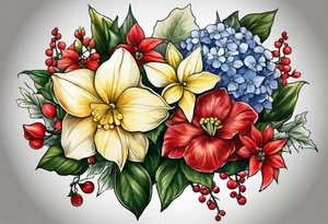 Hydrangea, Narcissus, Poinsettia, Holly, Gladiolus, Poppy, Daisy, Sweet Pea floral bouquet tattoo idea