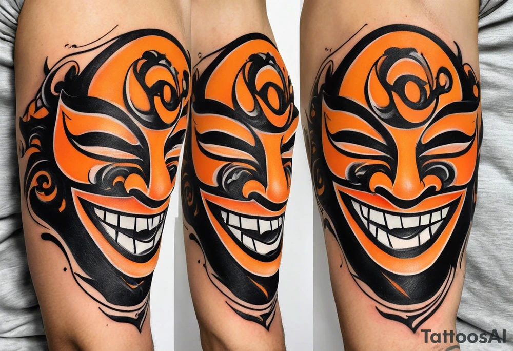 Laughing mask that is orange and black tattoo idea