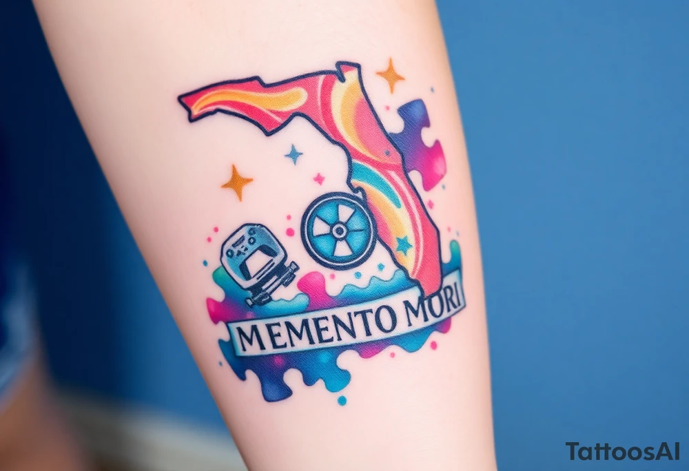 colorful futuristic memory tattoo for passed boyfriend; Florida, gulf coast water, Harley Davidson, skateboarding, puzzle pieces, video games, heaven, god, outdoors, guns, disc golf, words "MEMENTO MORI" tattoo idea