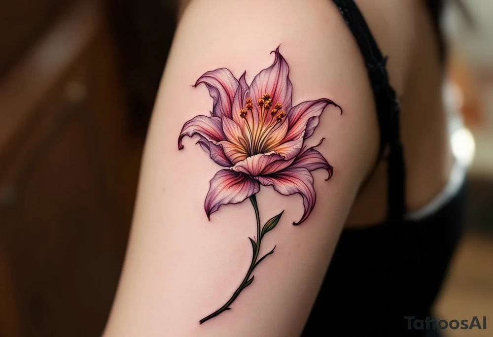 Lilie flower with "Kristýna – 5.4.2014 v 12:00" elegantly curved around its stem in rose gold ink. tattoo idea