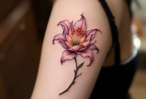 Lilie flower with "Kristýna – 5.4.2014 v 12:00" elegantly curved around its stem in rose gold ink. tattoo idea