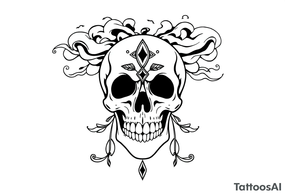 Skull with  jewels underneath 
 stormy skies tattoo idea