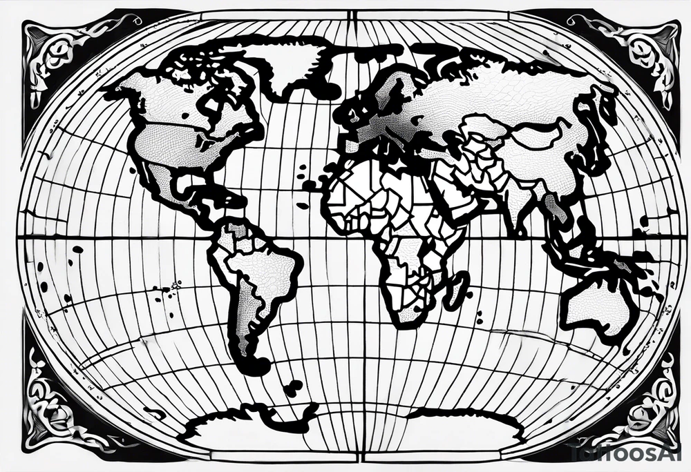 the earth on a flat map with no shading placed on a grid with only the lines with accurate depictions of the borders in countries while having it in an oval/circular position on a grid without any borders on the sides while having the countries not have such bold borders tattoo idea